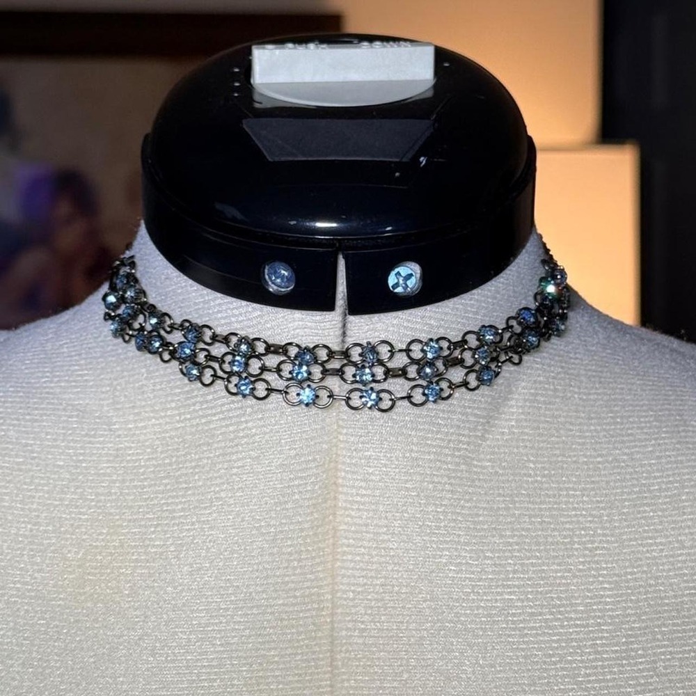 Blue Rhinestone Choker Necklace Gunmetal Multi Strand Statement